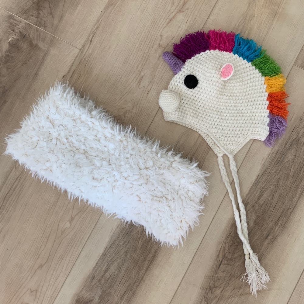 Justice Faux Fur Infinity Scarf & Unicorn Knit Beanie